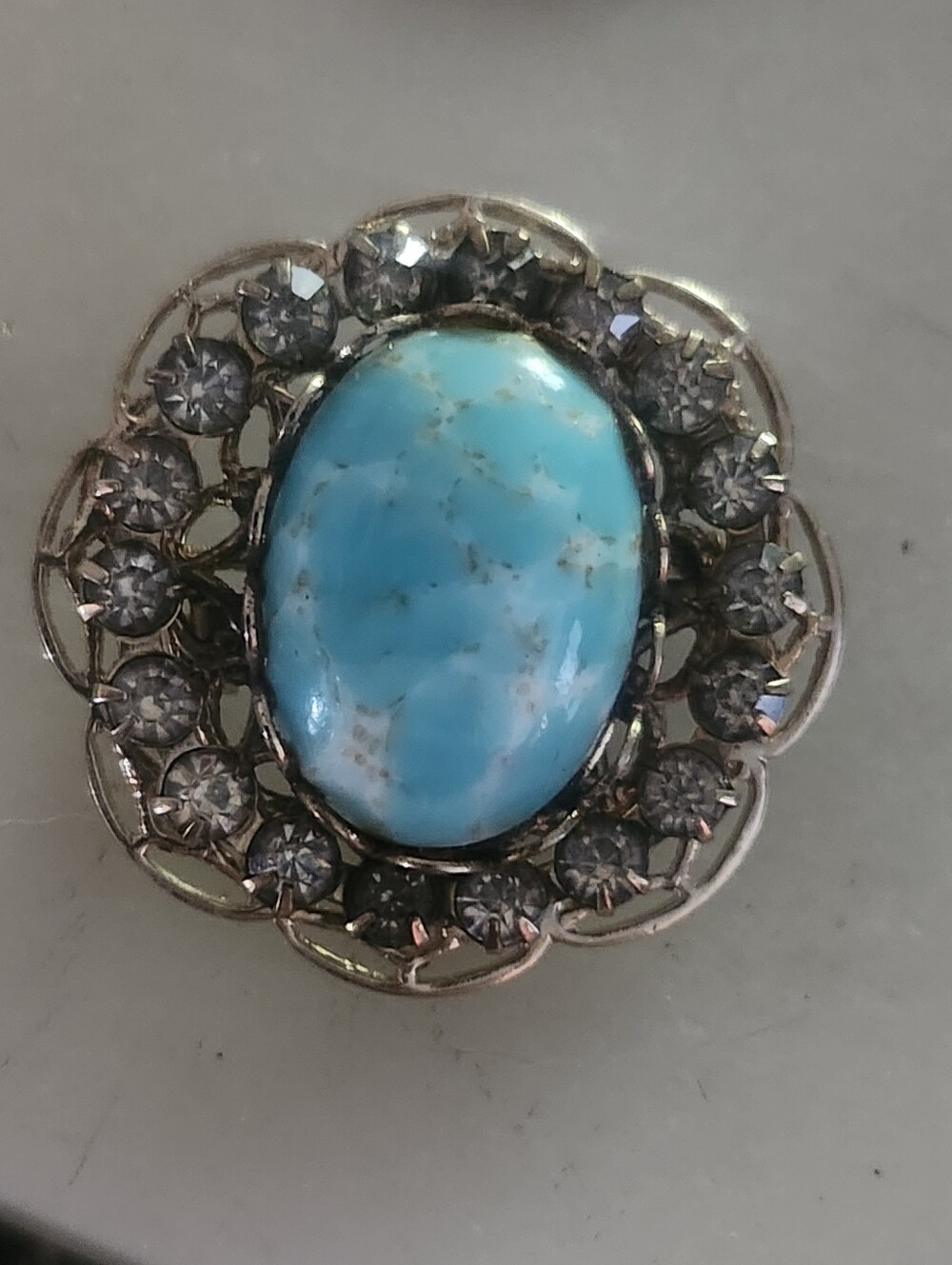 Turquoise Cabochon Silver-Tone Brooch with Clear Accent Stones
